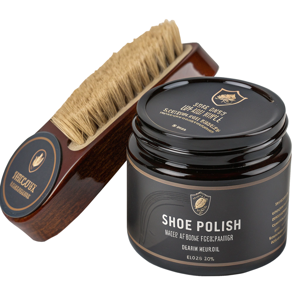 Close-up of a jar of shoe polish with a wooden shoe brush placed behind it